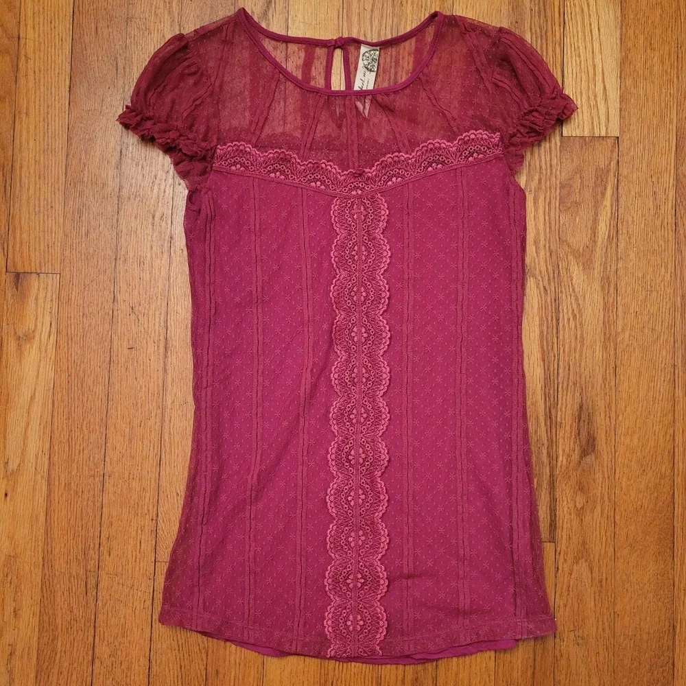 Free‎ People S Lace Babydoll Y2K Top Sheer Cap Sleeves Boho Coquette Chic Summer